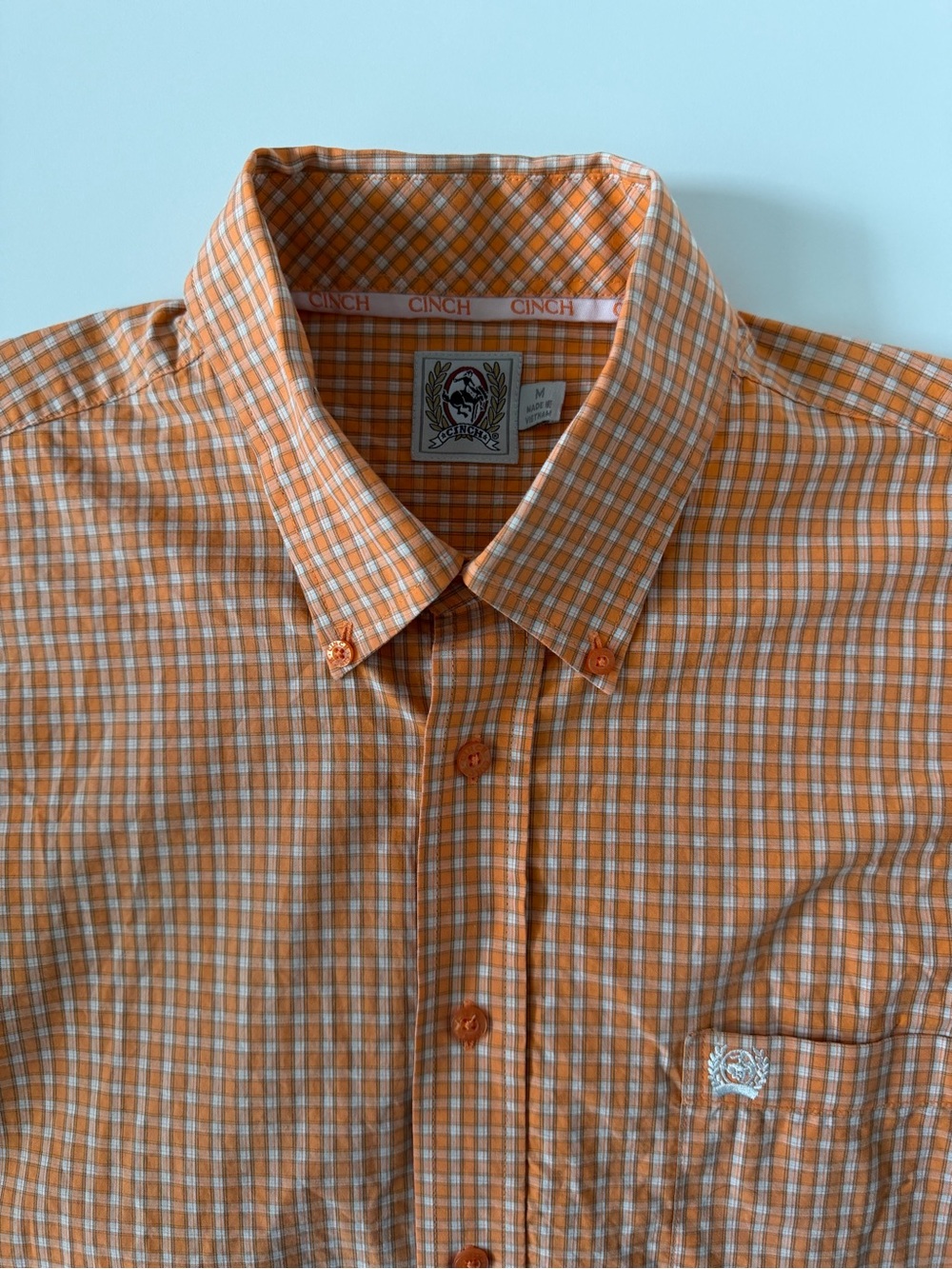 Cinch Men’s Button-Down Cotton Twill Short Sleeve Shirt in Orange Gingham Check